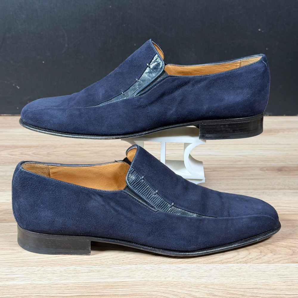 Moreschi Loafers Mens Size 11 Navy Blue Suede Lizard Trim Slip On Made in Italy